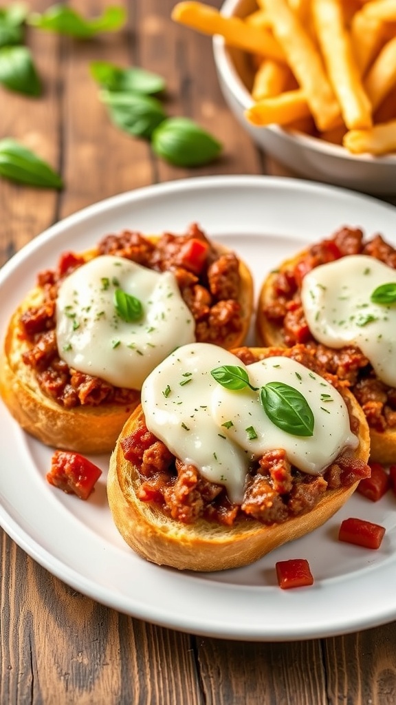 Italian Garlic Bread Sloppy Joes with beef mixture and melted cheese on toasted garlic bread, garnished with basil.